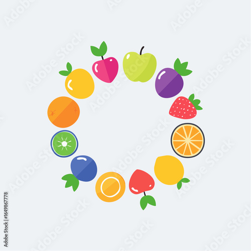 Flat style vector icon of various colorful fruits arranged in a circle, symbolizing balanced diet and healthy eating habits.
