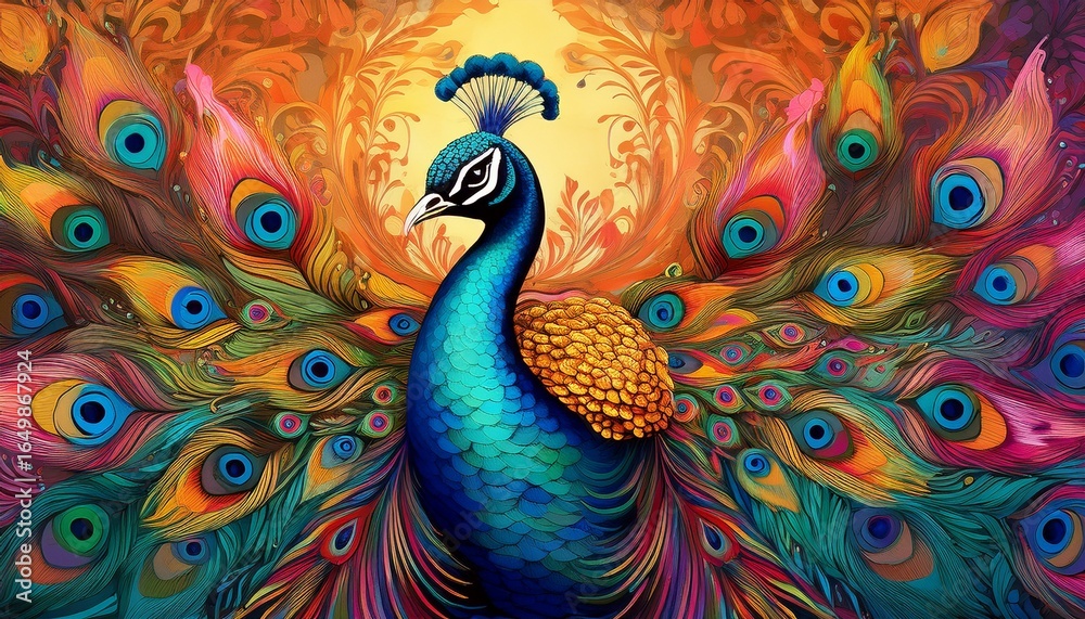 Fototapeta premium colorful peacock wallpaper colorful mural background generative ai