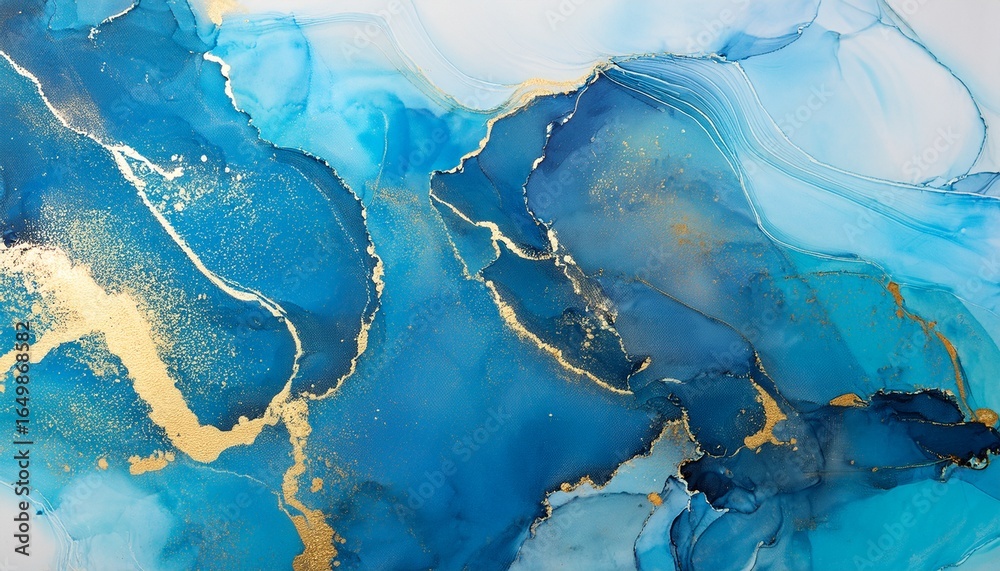 Fototapeta premium abstract alcohol ink painting texture in blue azure tones with golden splashes
