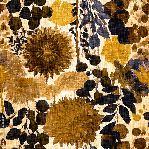 Stylised autumn winter brown floral watercolor seamless pattern. Rustic cottage style mottled blur effect fabric texture design. For fall botanical all over print. 