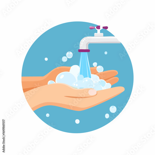 Flat vector icon of a hand washing with soap bubbles, representing hygiene and healthy daily habits, isolated on white background.