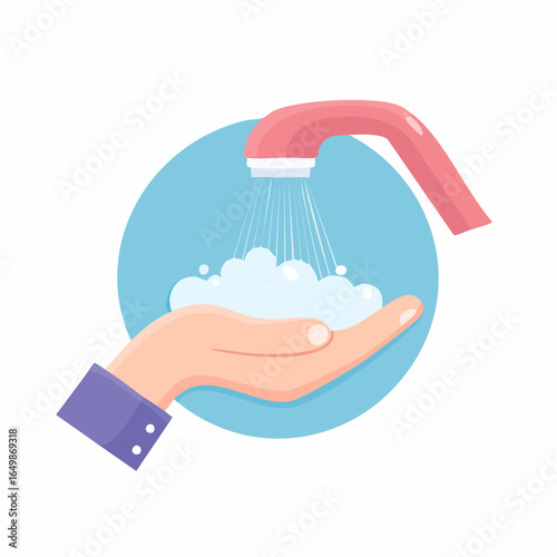 Flat vector icon of a hand washing with soap bubbles, representing hygiene and healthy daily habits, isolated on white background.
