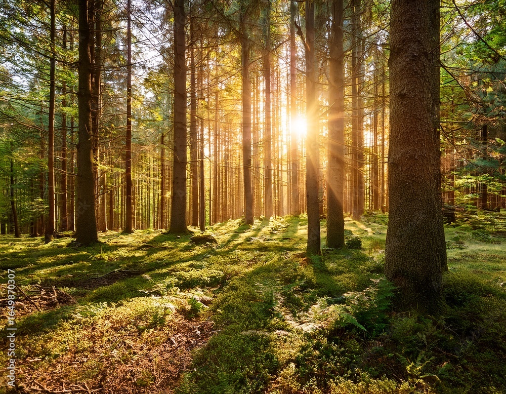 Fototapeta premium sunlit forest with golden light filtering through trees showcasing magical woodland and nature s beauty concept