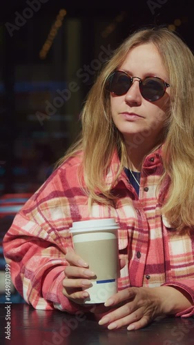 Woman with Sunglasses Drinking Coffee at Café