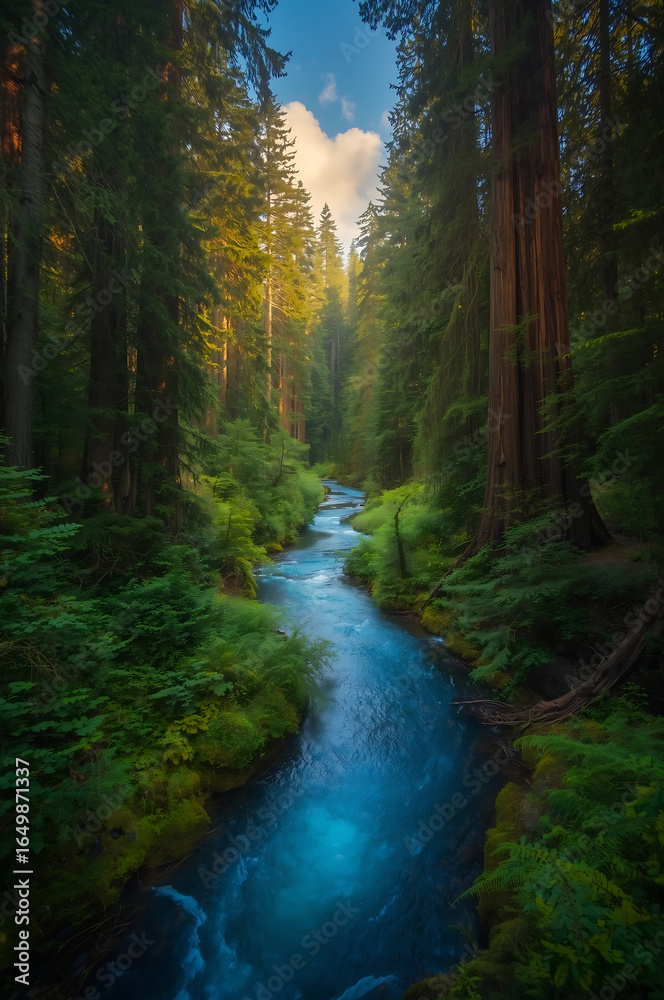 Obraz premium serene scenic shot of a winding bright blue river running through a dense and lush thick redwood rainforest in northern California with towering trees