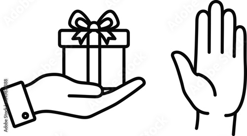 Vector art of hand offering a gift while another hand signals to stop isolated on white background