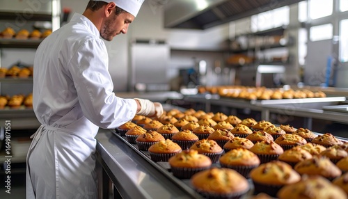 Baker arranging freshly baked muffins on a conveyor belt in a commercial bakery