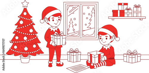 Christmas elves line art illustration, cute holiday helpers with gifts and tree, red and white festive winter scene vector eps