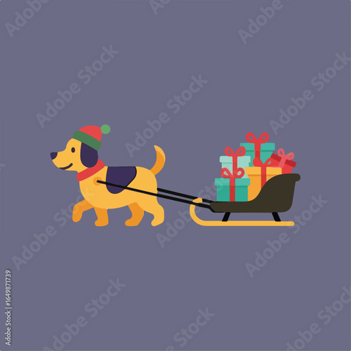 A cute cartoon dog wearing a Santa hat pulls a sled full of wrapped gifts across a solid blue-gray background.