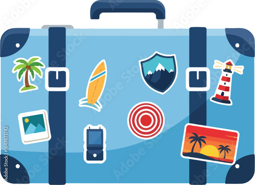 Vector art of blue travel suitcase with various destination stickers isolated on white background