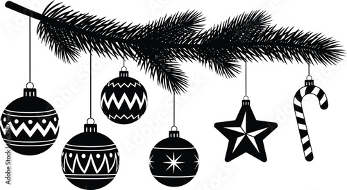 Black Christmas branch silhouette with hanging ornaments, winter pine bough with baubles and candy cane, festive holiday fir tree branch eps