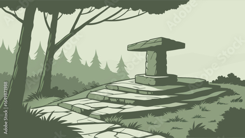 Stone altar in forest landscape drawing vector illustration for fantasy game and nature background