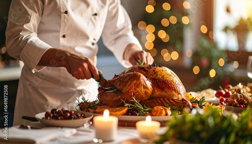 Professional chef carving a golden roasted turkey for a festive Christmas or Thanksgiving holiday dinner