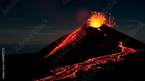 Volcanic Eruption at Night: A Spectacle of Fiery Lava and Starry Skies