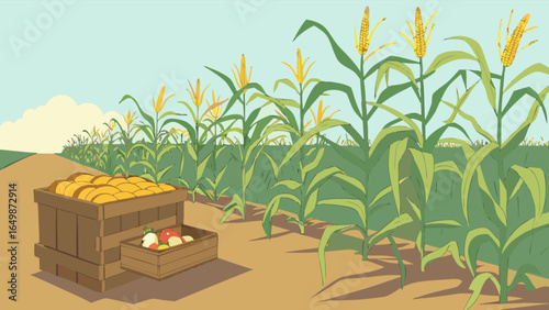 Illustration of corn field harvest with pumpkins and apples in wooden crates on farm land scenery