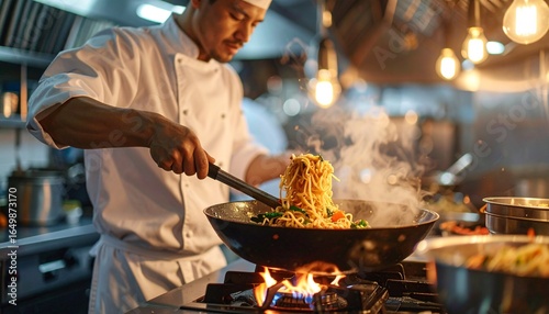 Professional chef skillfully preparing a delicious meal in a wok on a stove, steam rising