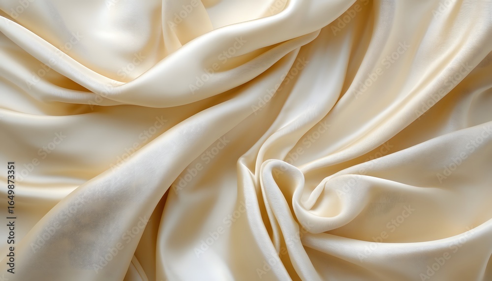 Obraz premium This full-frame image captures the texture of luxurious draped beige silk fabric, forming a background with soft waves and subtle linear patterns.