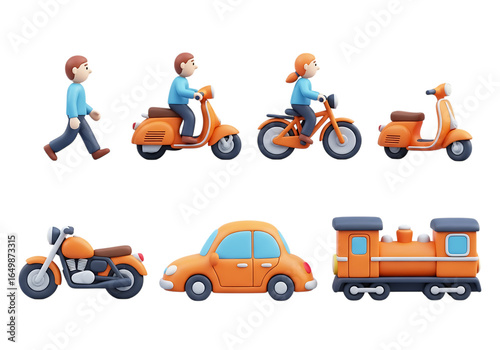 3d clay style icon set of 3d cartoon icons showing various modes of transportation, isolated on a transparent background