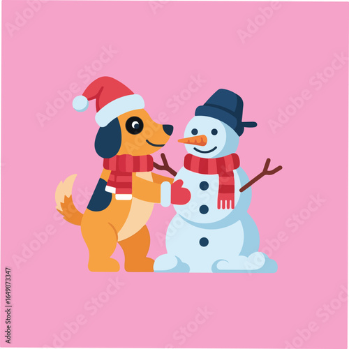 A cheerful cartoon image shows a dog wearing a Santa hat and red scarf happily hugging a snowman dressed with a bucket hat and scarf.