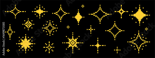 Yellow pixel art stars and sparkles set for game design. Retro digital glitter effect for graphic asset and user interface.