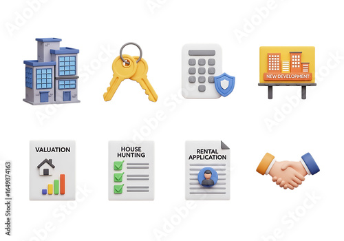 3d clay style icon set of 8 3d icons for real estate, finance, and business transactions isolated on a transparent background