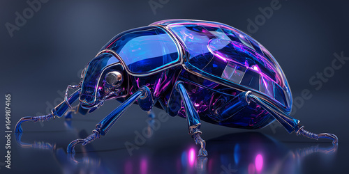 Futuristic beetle with glowing neon blue and purple exoskeleton, sleek metallic textures, dark background with soft light reflections
