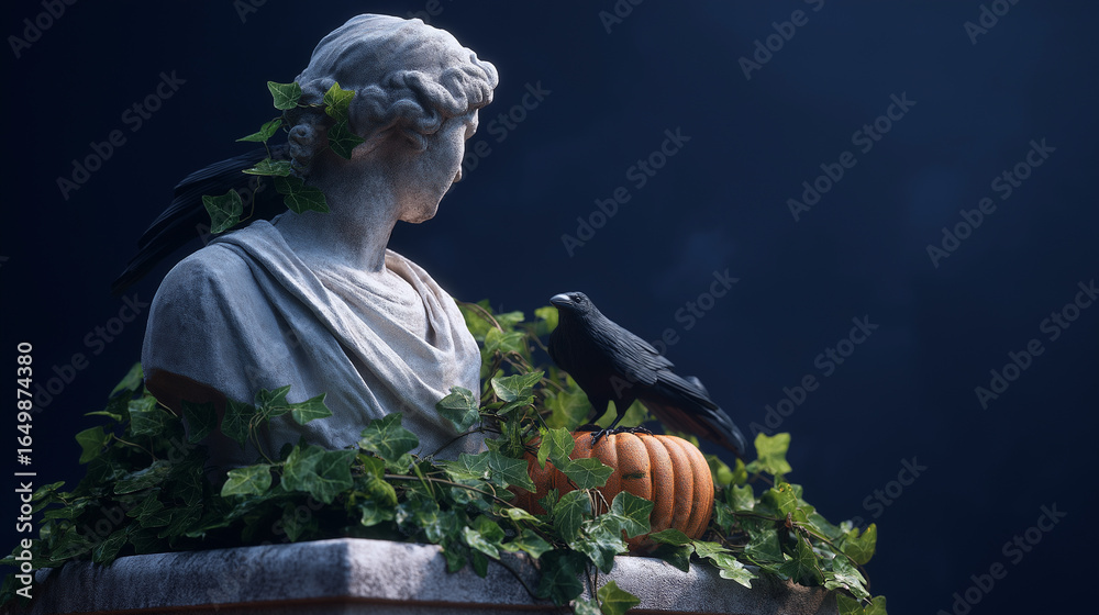 Fototapeta premium Statue in Ivy with Crows and Pumpkin in Misty Courtyard Night