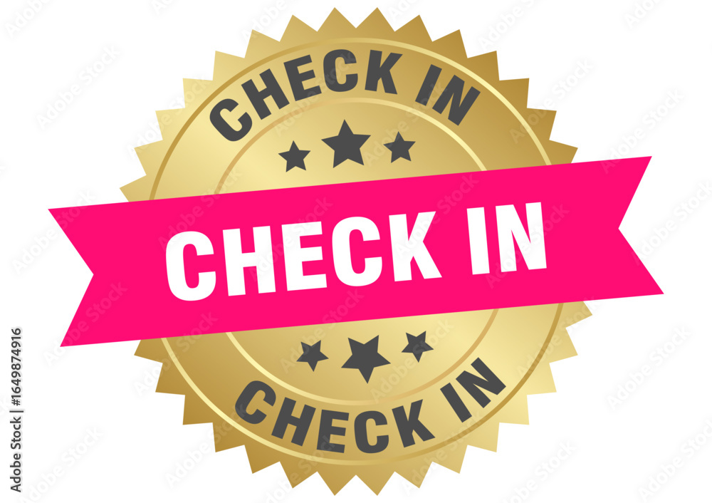 Obraz premium check in. check in round pink and gold label isolated on transparent background