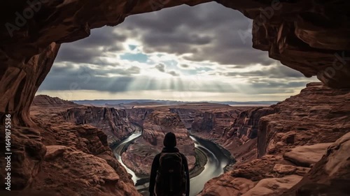 Person silhouetted inside cave looking out at Horseshoe Bend with Colorado River under dramatic sky.