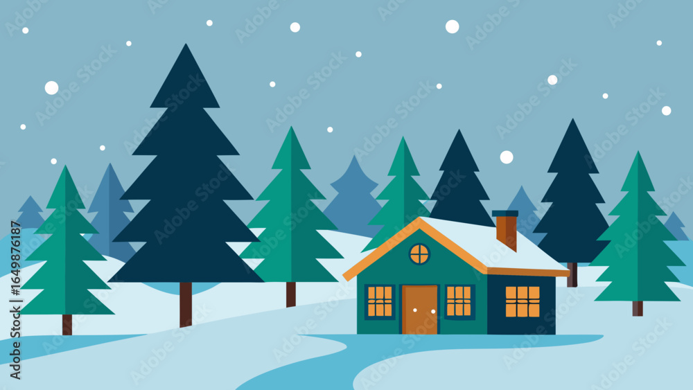 Obraz premium Cozy winter cabin nestled among snow covered pine trees during snowfall