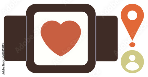 Smartwatch with heart in center, orange location pin, and profile icon. Ideal for health monitoring, fitness, technology, user interaction, wellness navigation communication. Simple flat metaphor