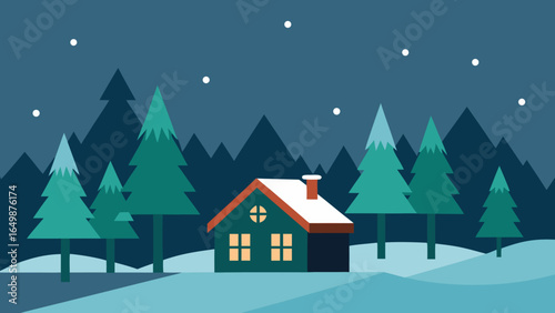 Cozy winter cabin nestled among snow covered pine trees at night