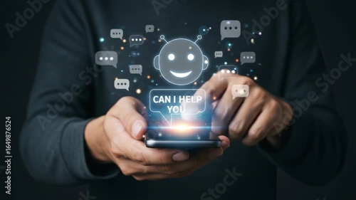Person holding a smartphone with a chatbot assistant offering help with speech bubbles around it online