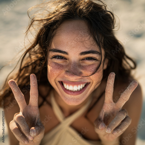 Happy Young Woman at Sunny Beach Showing Peace Sign with Sand-Covered Hands, Smiling in One-Shoulder Bikini, Ultra-Realistic Close-Up