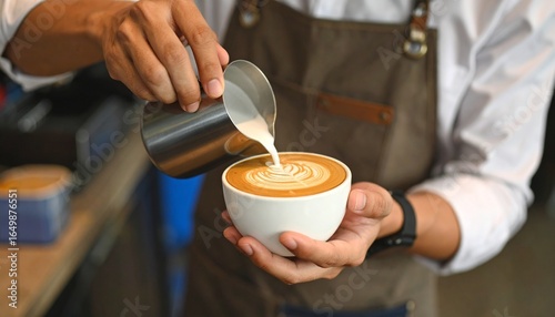 Barista pouring milk into coffee cup to create latte art, close-up of preparation