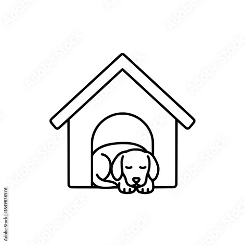 Outline vector illustration of dog inside wooden doghouse pet shelter design element