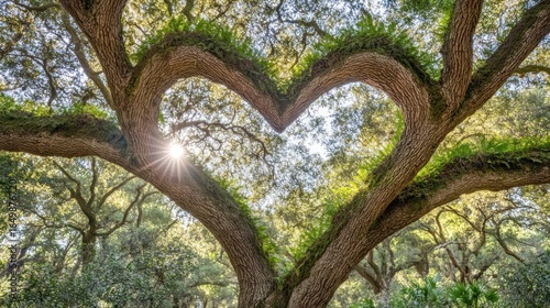 Heart-shaped tree branches forming a symbol of love in a vibrant forest setting