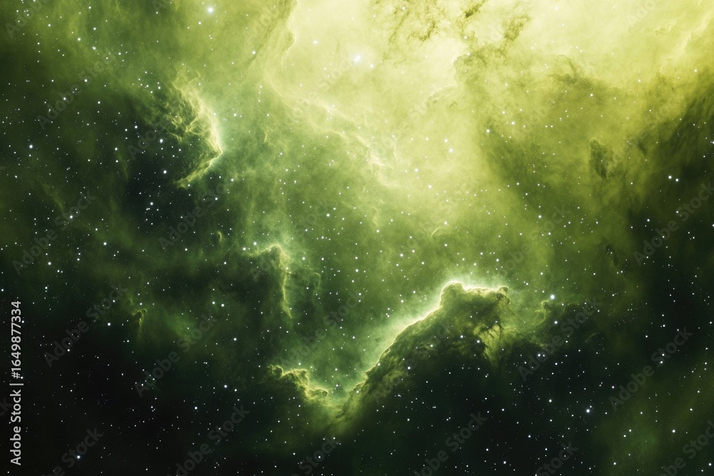 Obraz premium A celestial canvas of swirling green nebula clouds and scattered stars creates a captivating, mystical space scene.