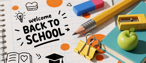 Welcome back to school with this bright and cheerful student scene featuring a notebook, pencil, apple, and learning tools for a fresh start this year