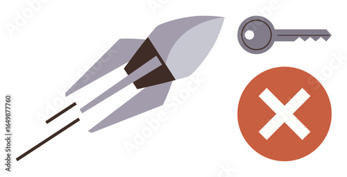 Rocket launches upwards, a key symbolizes solutions or access, and a red cross mark stands for rejection or obstacles. Ideal for innovation, access, failure, security, rejection, strategy