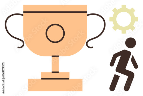 Golden trophy symbolizing success, figure running for action, and gear for progress. Ideal for motivation, teamwork, competition, productivity, goal-setting winning leadership. Simple flat metaphor