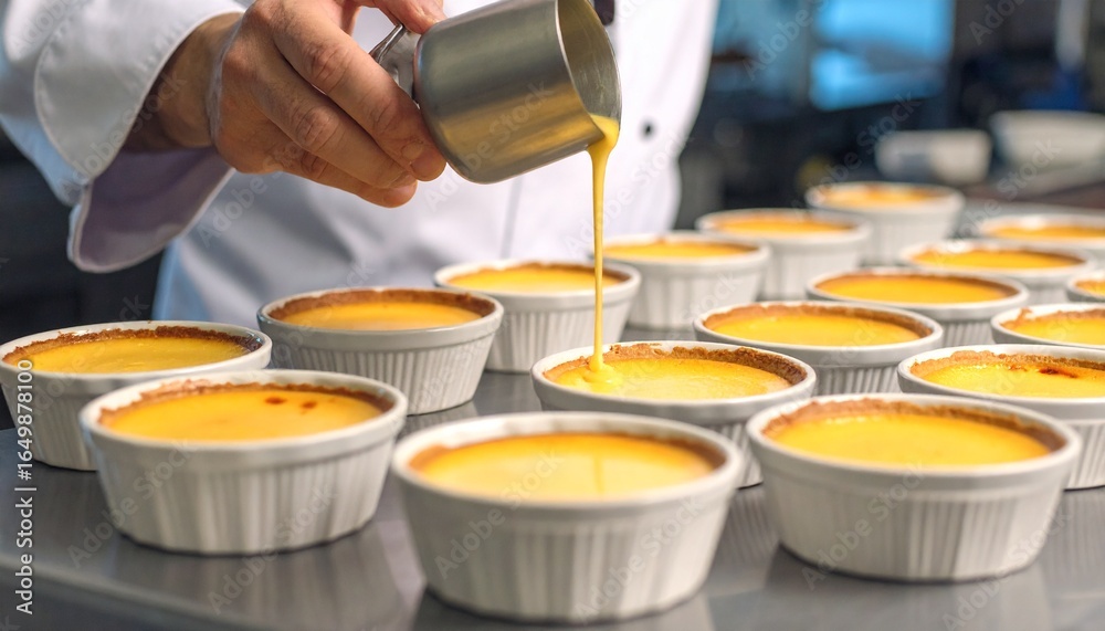Fototapeta premium Chef pouring liquid over multiple ramekins filled with custard, ready for baking in the kitchen