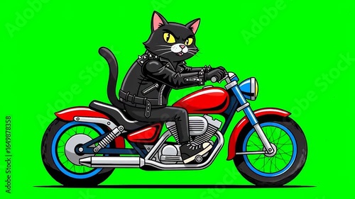 A black cat in a leather jacket rides a red and blue motorcycle