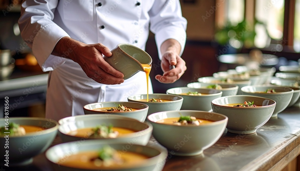 Chef in a white uniform meticulously preparing a batch of gourmet appetizer soups, adding a final flavorful drizzle Chef in a white uniform meticulously preparing a batch of gourmet appetizer soups, adding a final flavorful drizzle