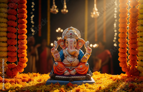 A realistic high-resolution poster of a beautifully decorated clay Ganesha idol surrounded by marigold flowers, soft golden sunlight, festive background, elegant saffron/ganesh chaturthi
