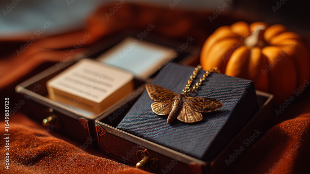 Fototapeta premium Moth Specimen Drawer with Pumpkin Charm on Velvet Background