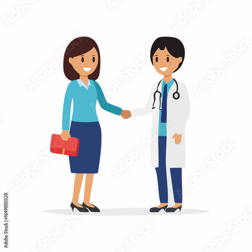 Flat style vector icon of a doctor shaking hands with a patient, symbolizing trust, care, and medical support.
