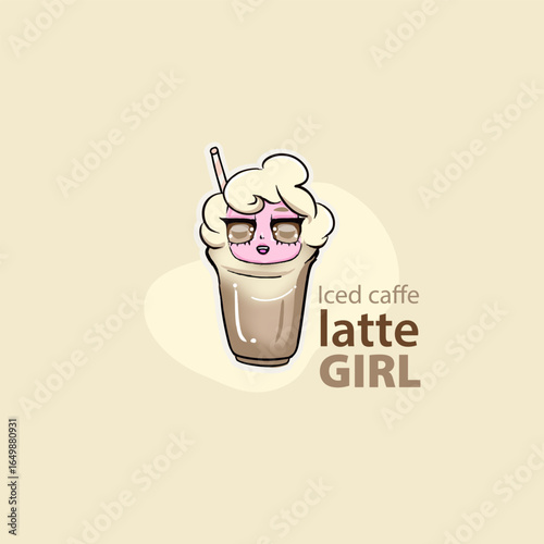 iced coffee latte girl, coffee lover sticker, kawaii sticker,