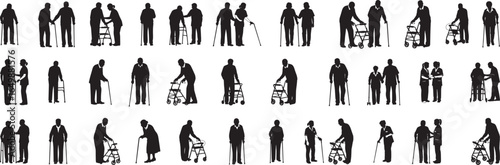 Silhouettes of elderly people using canes and walkers in various poses and arrangements on white