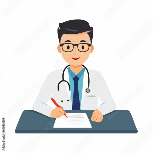 Flat vector icon of a doctor writing a medical prescription for a patient, representing treatment and healthcare services.